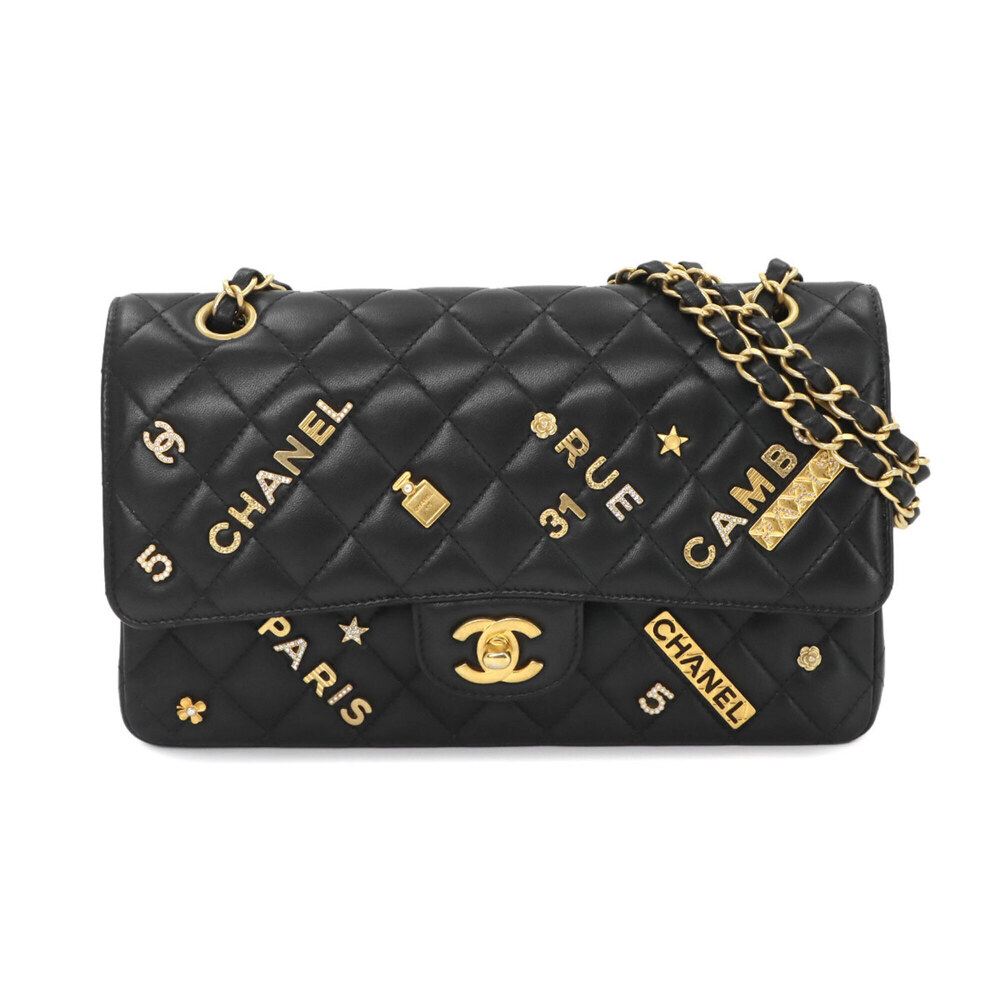Chanel Matelasse 25 Chain Shoulder Handbag, Lambskin, Black, A01112, Gold Har...